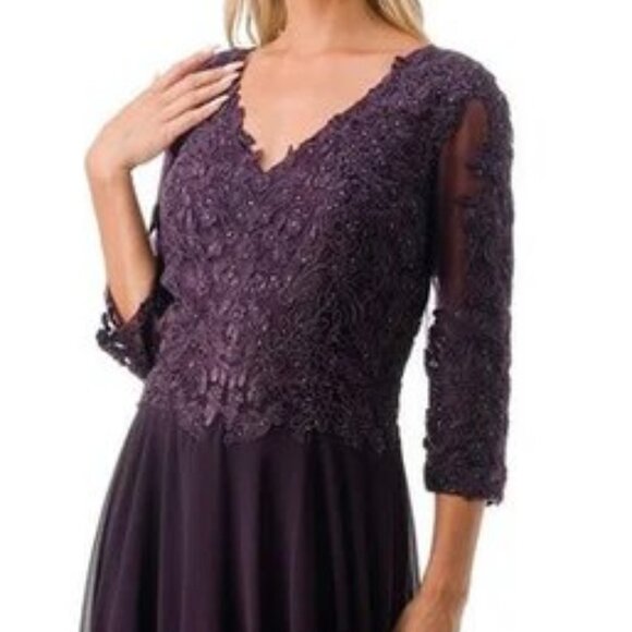 New A-Line Formal Floral Lace Embellished MOB Maxi Gown w/ 3/4 Sleeves TC M2758Q - Picture 4 of 8
